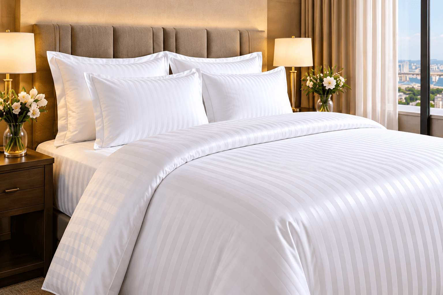 BAFA Otel Tekstil beyaz çizgili saten nevresim takımı ve otel yatağı